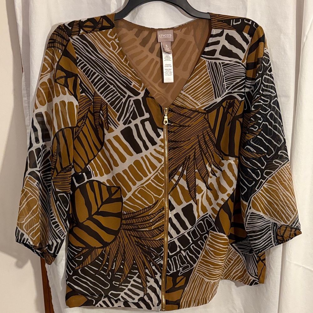 Chico's Artistic Black and Brown Zip Blouse